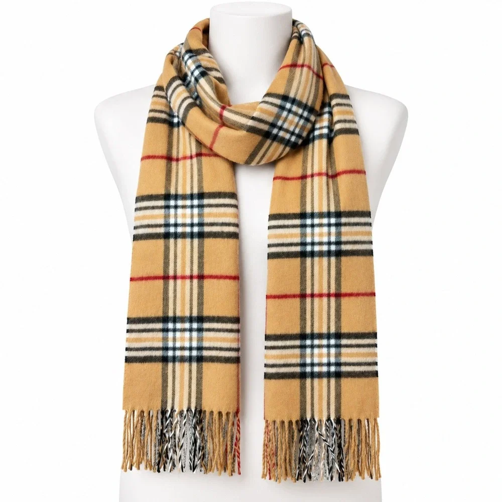 V Fraas Casanova Scarf Tan Plaid Fringe Made Germany Preppy Old Money Classic OS
